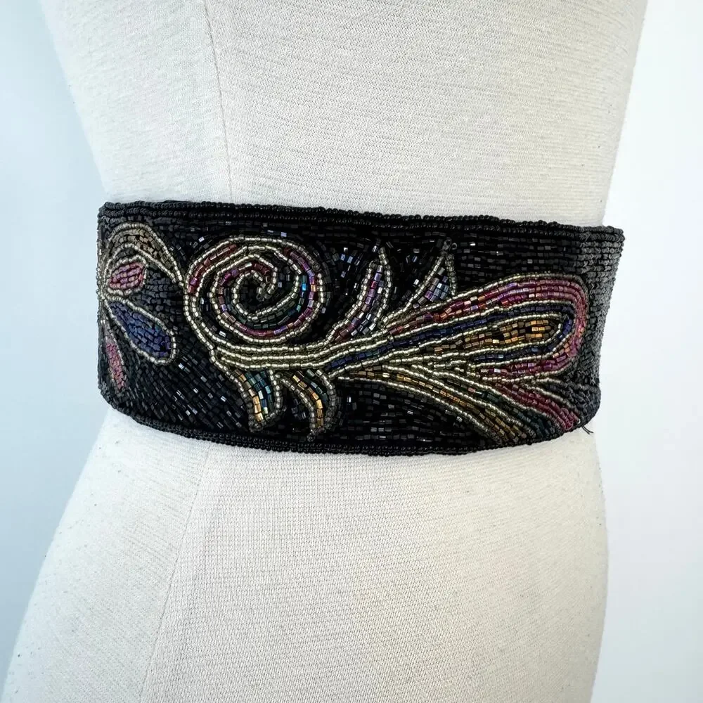 La Regale Handmade Fully Sequin Embellished Belt Satin Black Multi L NWT
